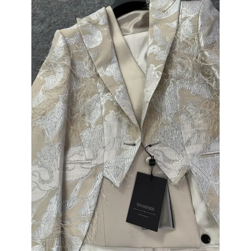 Torres Mens Tuxedo Suit 38 US 48 EU Beige Floral Borcade Tasseled 3pcs Set N11